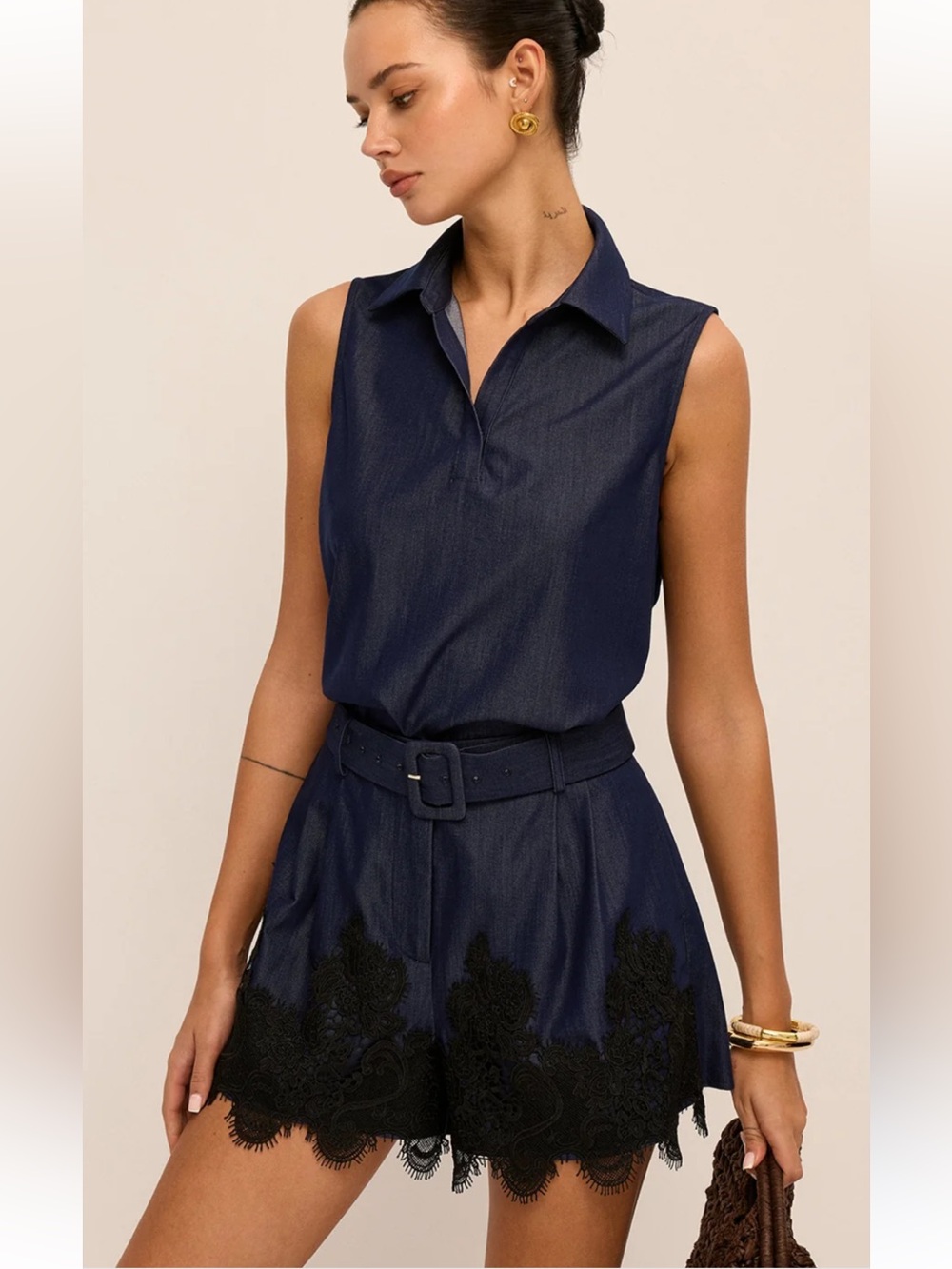 Sleeveless Polo Top & Lace-Hem Shorts Set